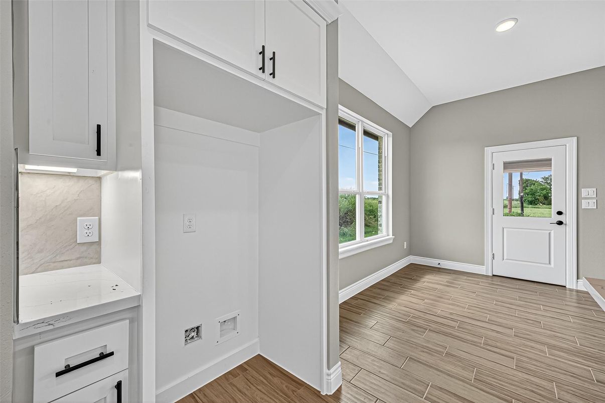Empty room, Interior, Kitchen, Recessed Lighting, Wood Texture Flooring