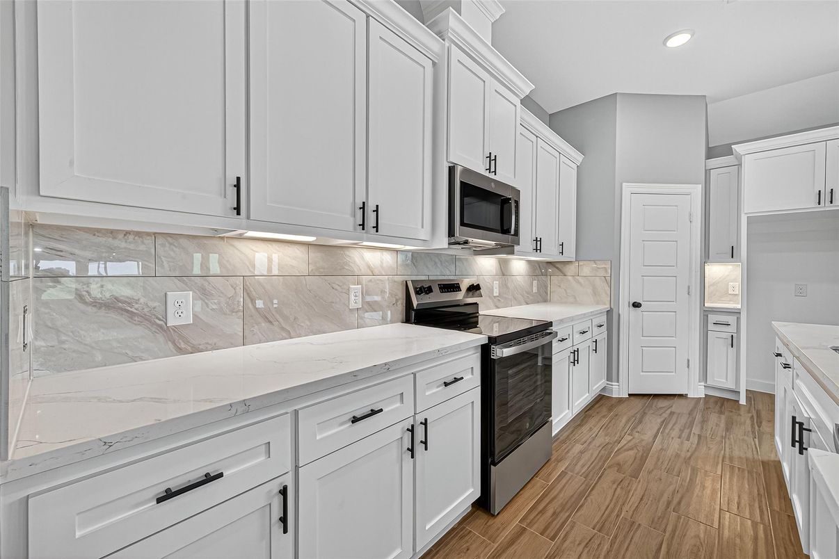 Interior, Kitchen, Marble Walls, Recessed Lighting, Wood Texture Flooring