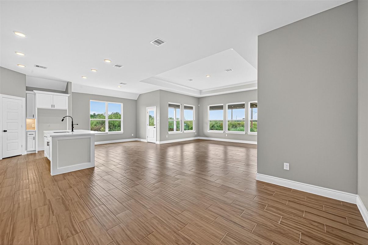 Empty room, Interior, Kitchen, Recessed Lighting, Wood Texture Flooring