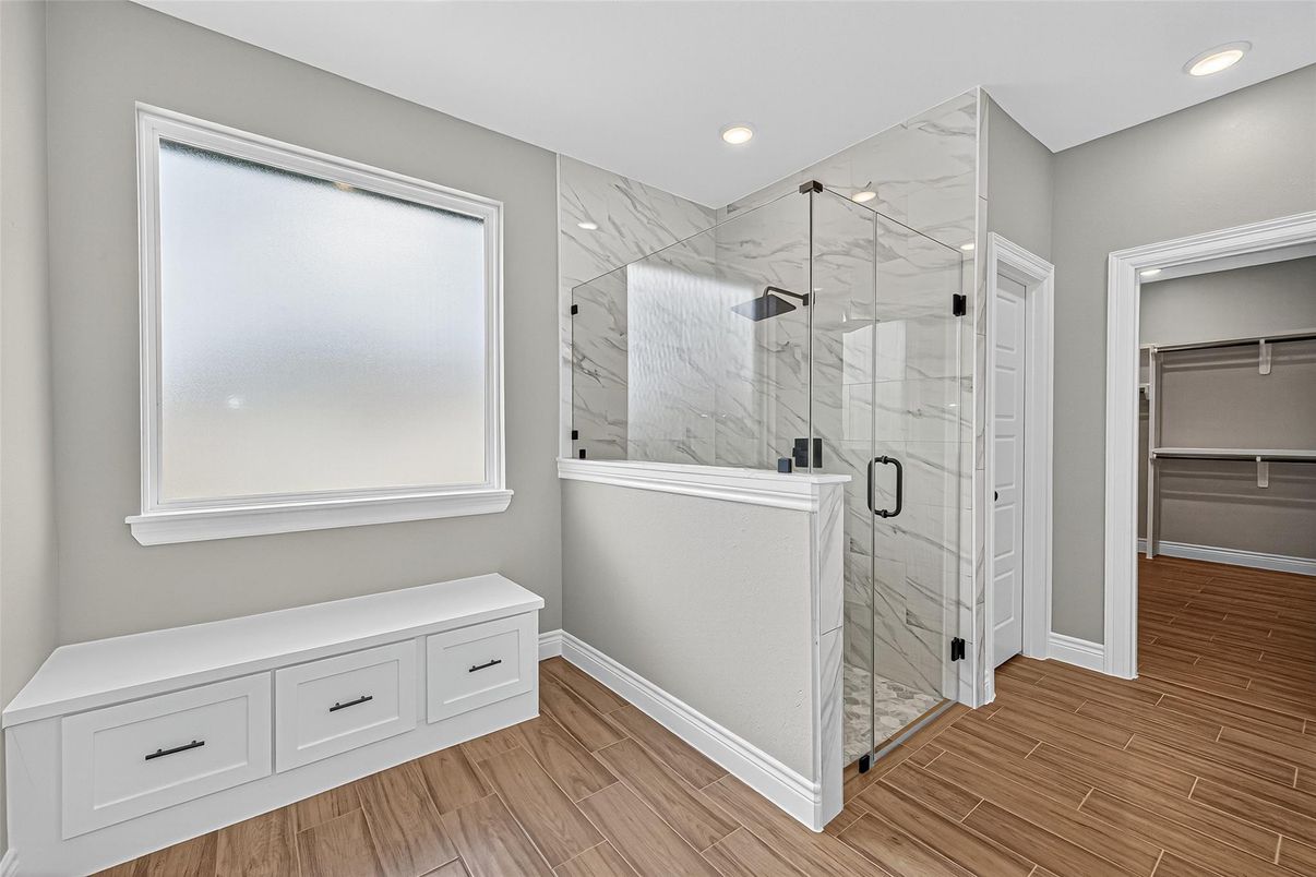 Bathroom, Glass Shower, Interior, Marble Walls, Recessed Lighting, Wood Texture Flooring