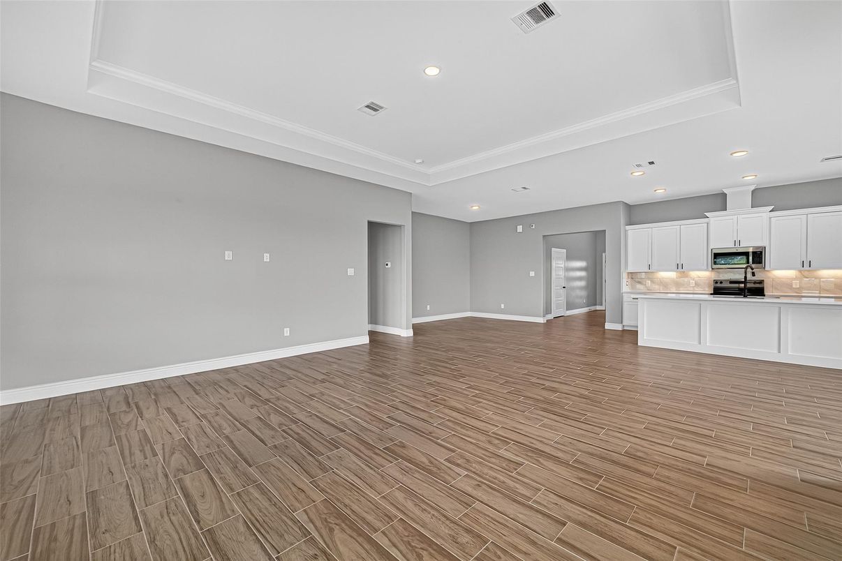Empty room, Interior, Kitchen, Recessed Lighting, Wood Texture Flooring