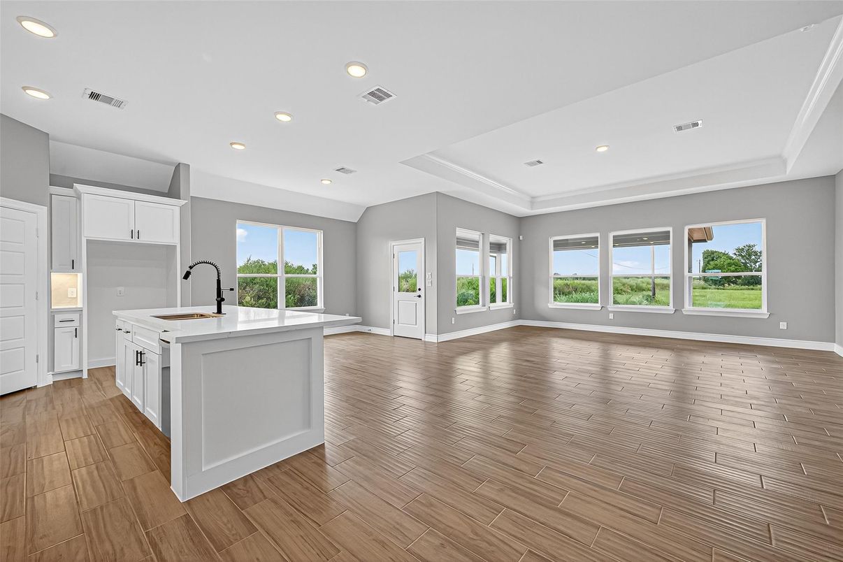 Empty room, Interior, Kitchen, Recessed Lighting, Wood Texture Flooring