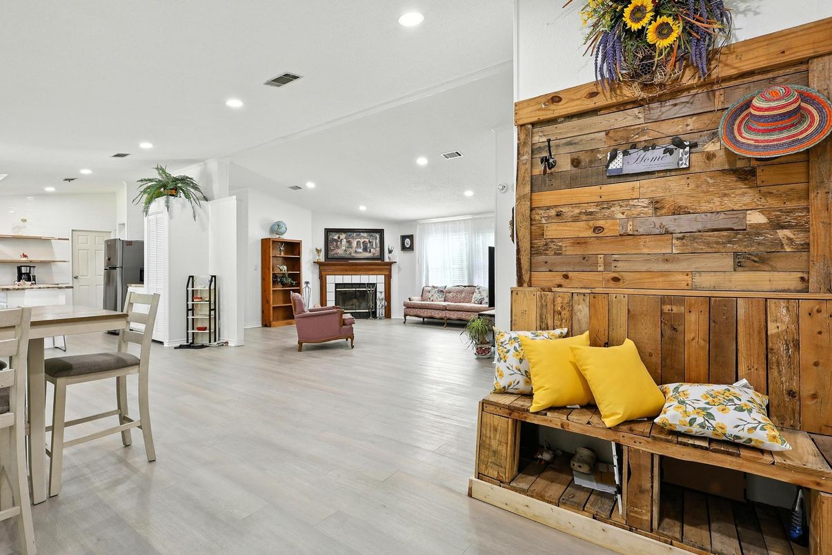 Fireplace, Interior, Kitchen, Recessed Lighting, Wood Texture Flooring, Wooden Walls