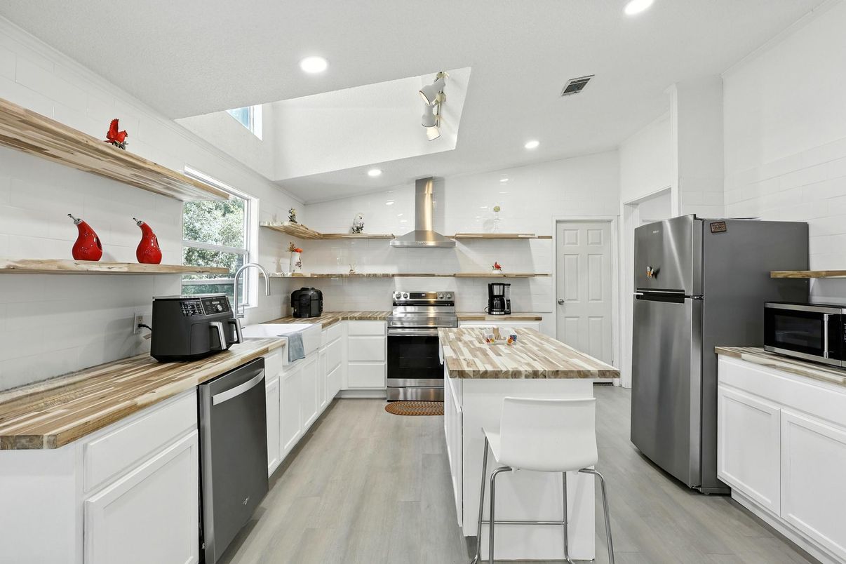 Interior, Kitchen, Recessed Lighting, Stainless Steel Appliances, Wood Texture Flooring