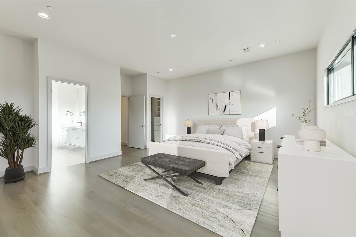 Bedroom, Interior, Recessed Lighting, Wood Texture Flooring