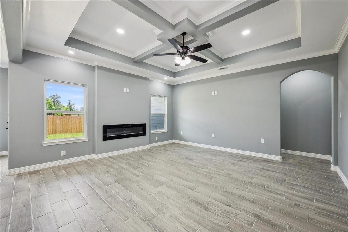 Empty room, Fireplace, Interior, Recessed Lighting, Wood Texture Flooring