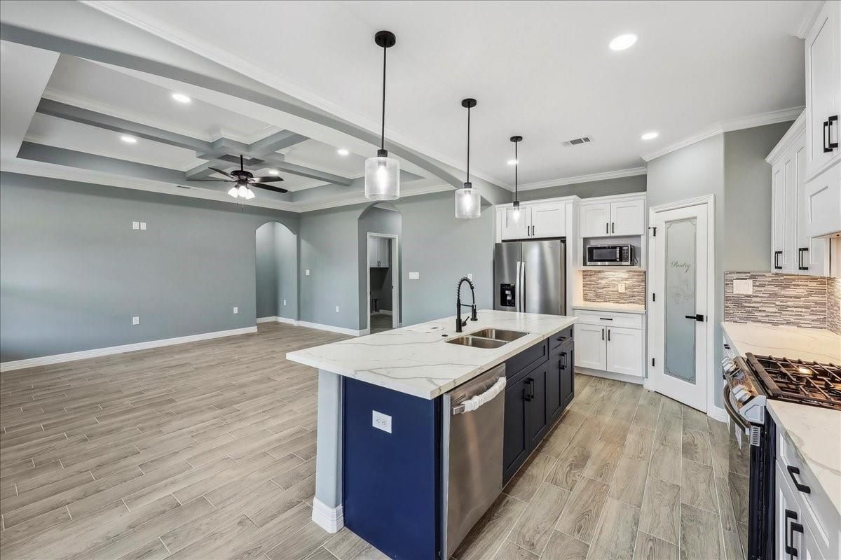 Interior, Kitchen, Pendant Lights, Recessed Lighting, Stainless Steel Appliances, Wood Texture Flooring