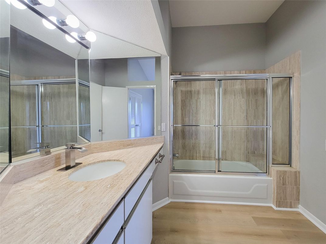 Bathroom, Glass Shower, Interior, Wood Texture Flooring