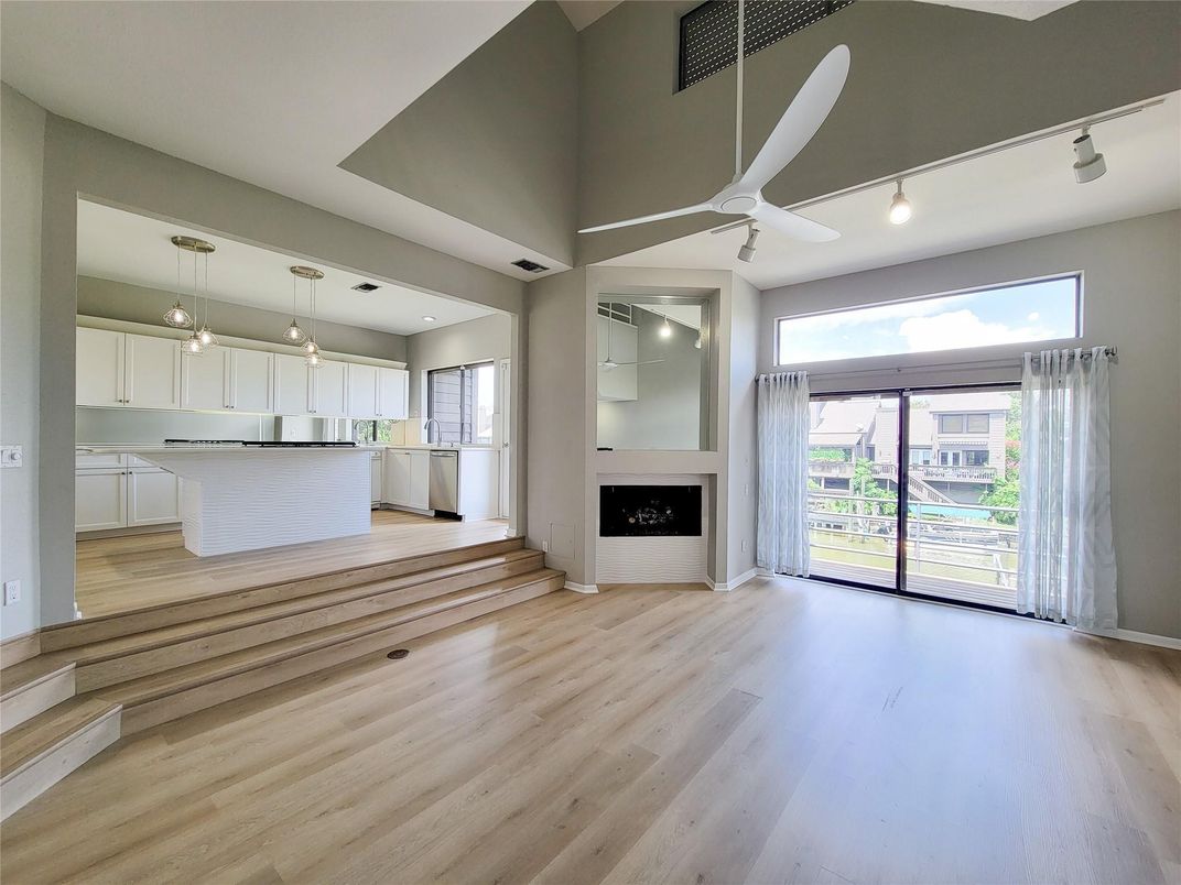 Fireplace, Interior, Kitchen, Pendant Lights, Wood Texture Flooring