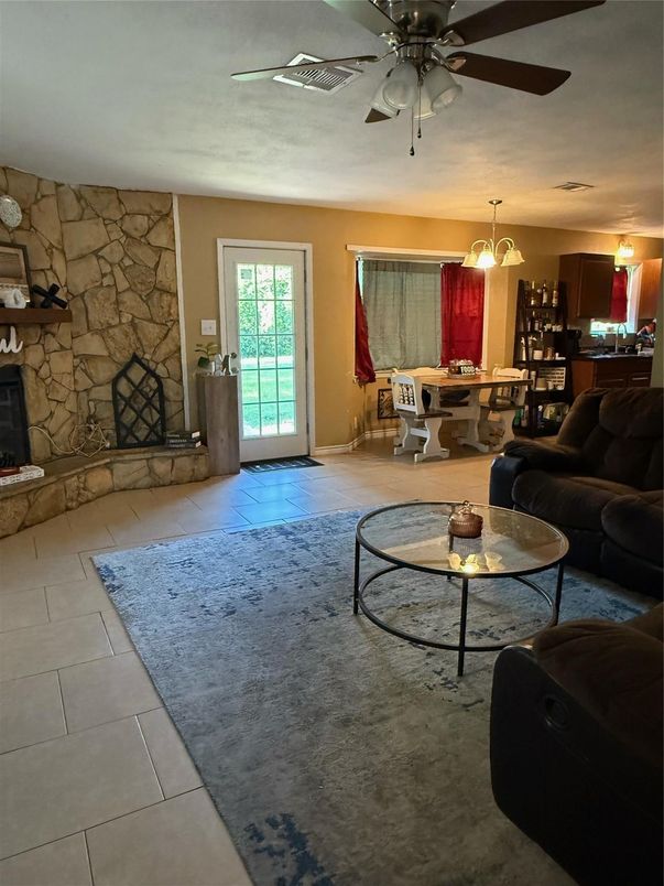 Dining room, Fireplace, Interior, Living room, Pendant Lights, Stone Walls