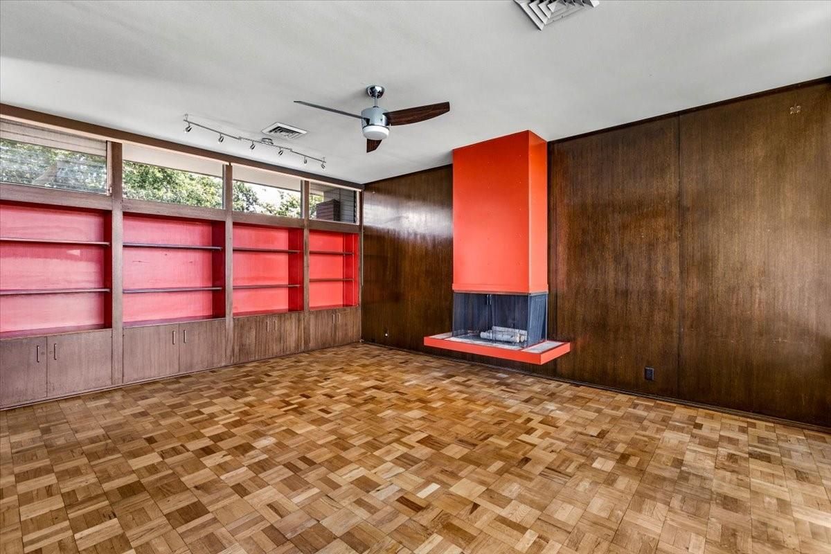 Empty room, Fireplace, Interior, Wood Texture Flooring, Wooden Walls