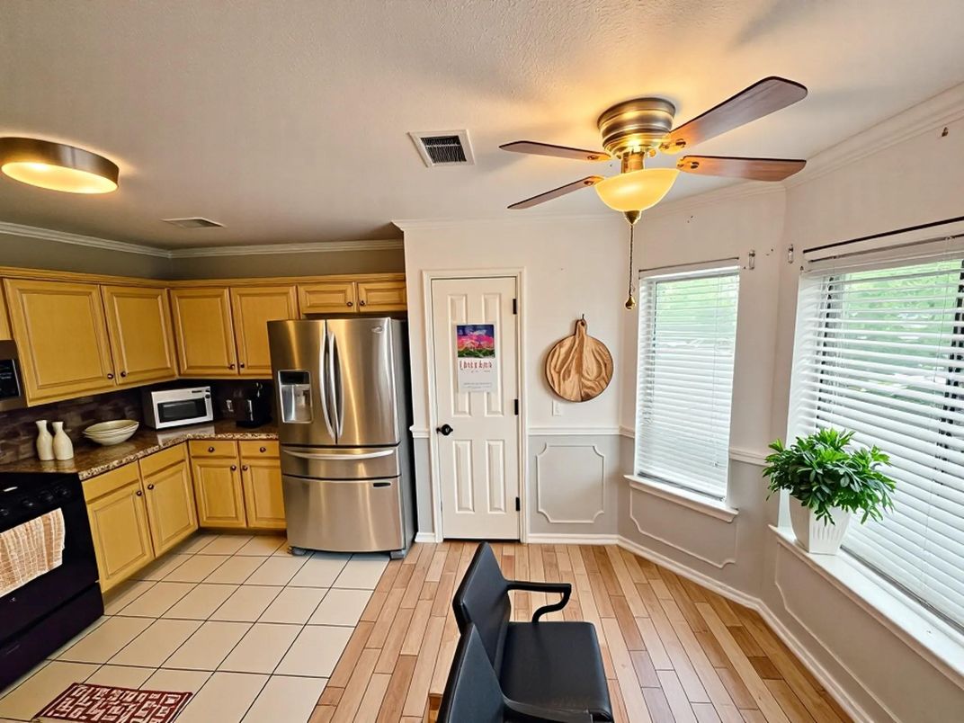 Interior, Kitchen, Tile Countertops, Wood Texture Flooring