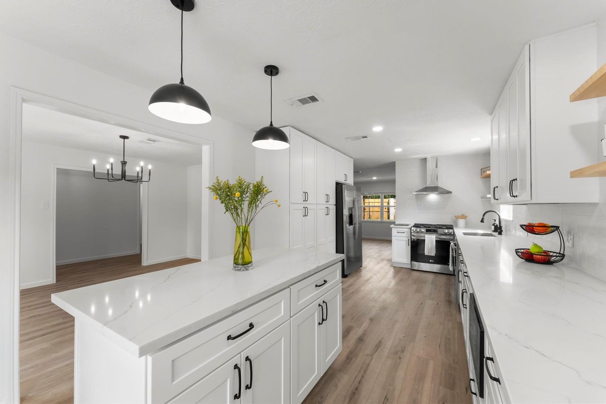 Interior, Kitchen, Pendant Lights, Recessed Lighting, Stainless Steel Appliances, Wood Texture Flooring