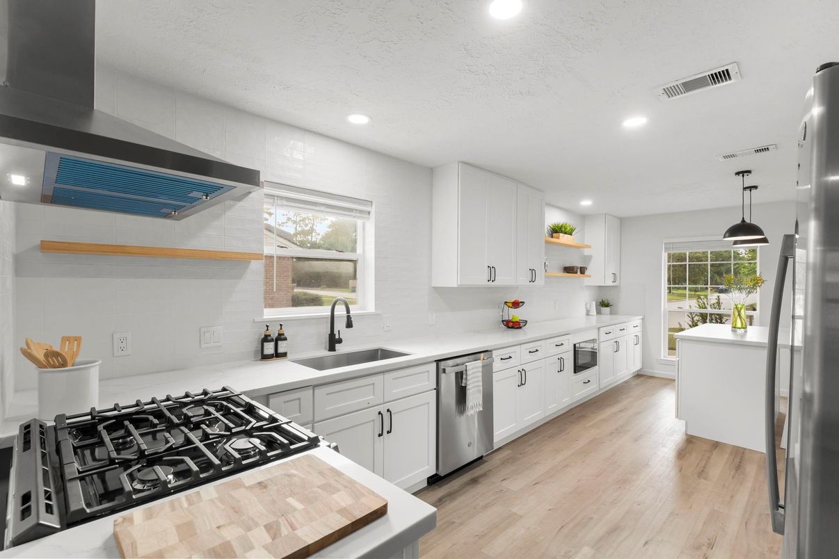 Interior, Kitchen, Pendant Lights, Recessed Lighting, Stainless Steel Appliances, Wood Texture Flooring