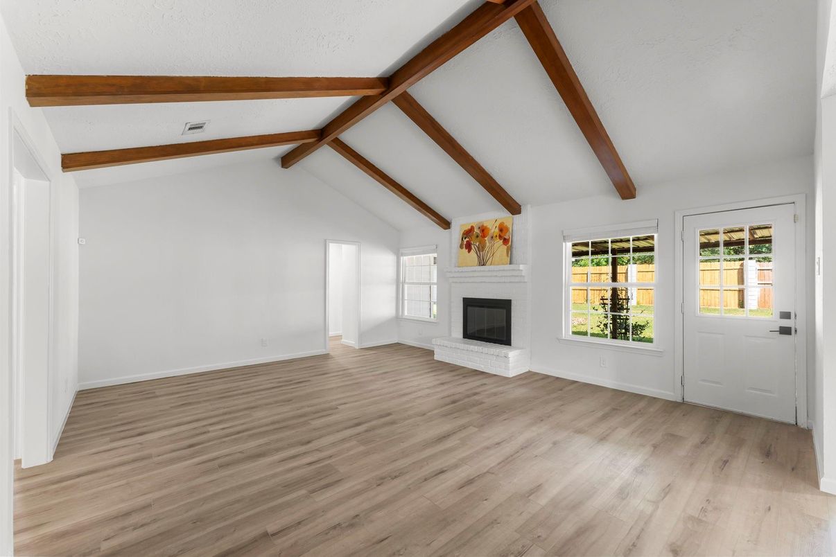 Empty room, Fireplace, Interior, Wooden Beams, Wood Texture Flooring