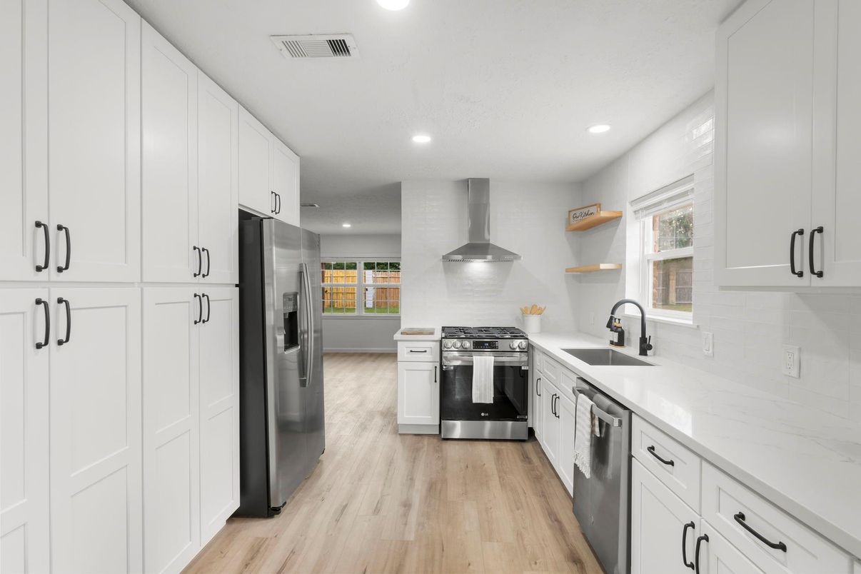 Interior, Kitchen, Recessed Lighting, Stainless Steel Appliances, Wood Texture Flooring