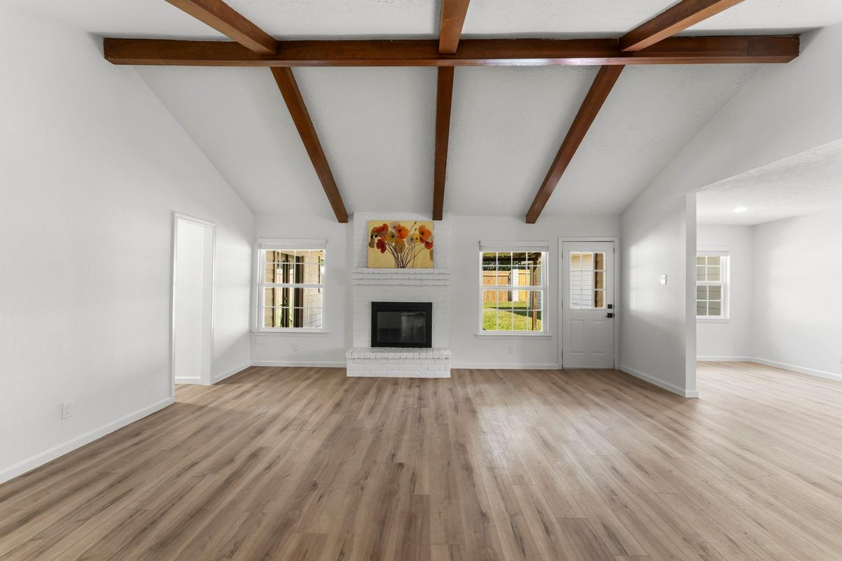 Empty room, Fireplace, Interior, Wooden Beams, Wood Texture Flooring