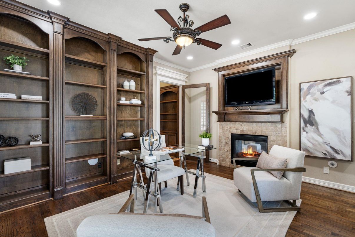 Fireplace, Home Office, Interior, Recessed Lighting, Wood Texture Flooring