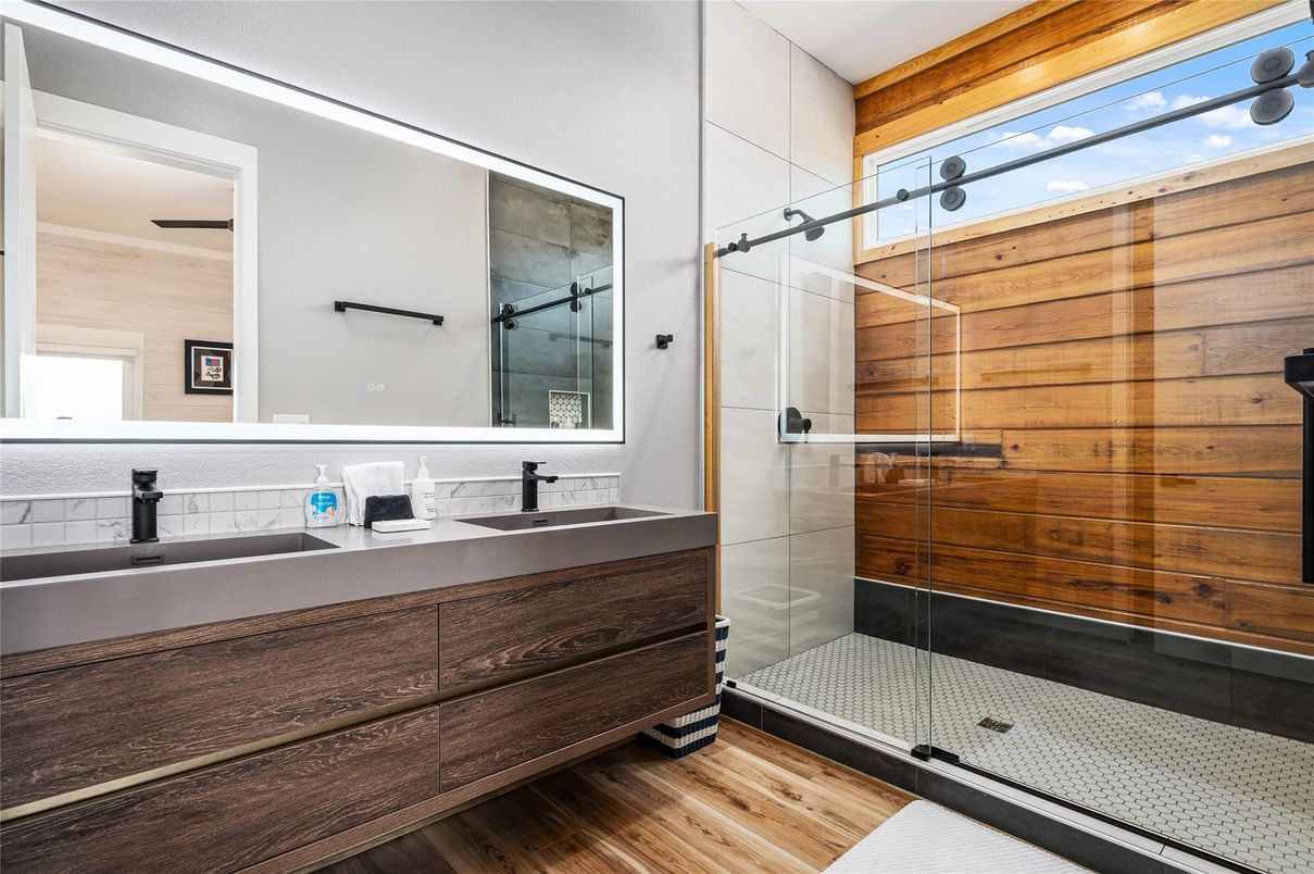 Bathroom, Dual Sink Vanities, Glass Shower, Interior, Wood Texture Flooring