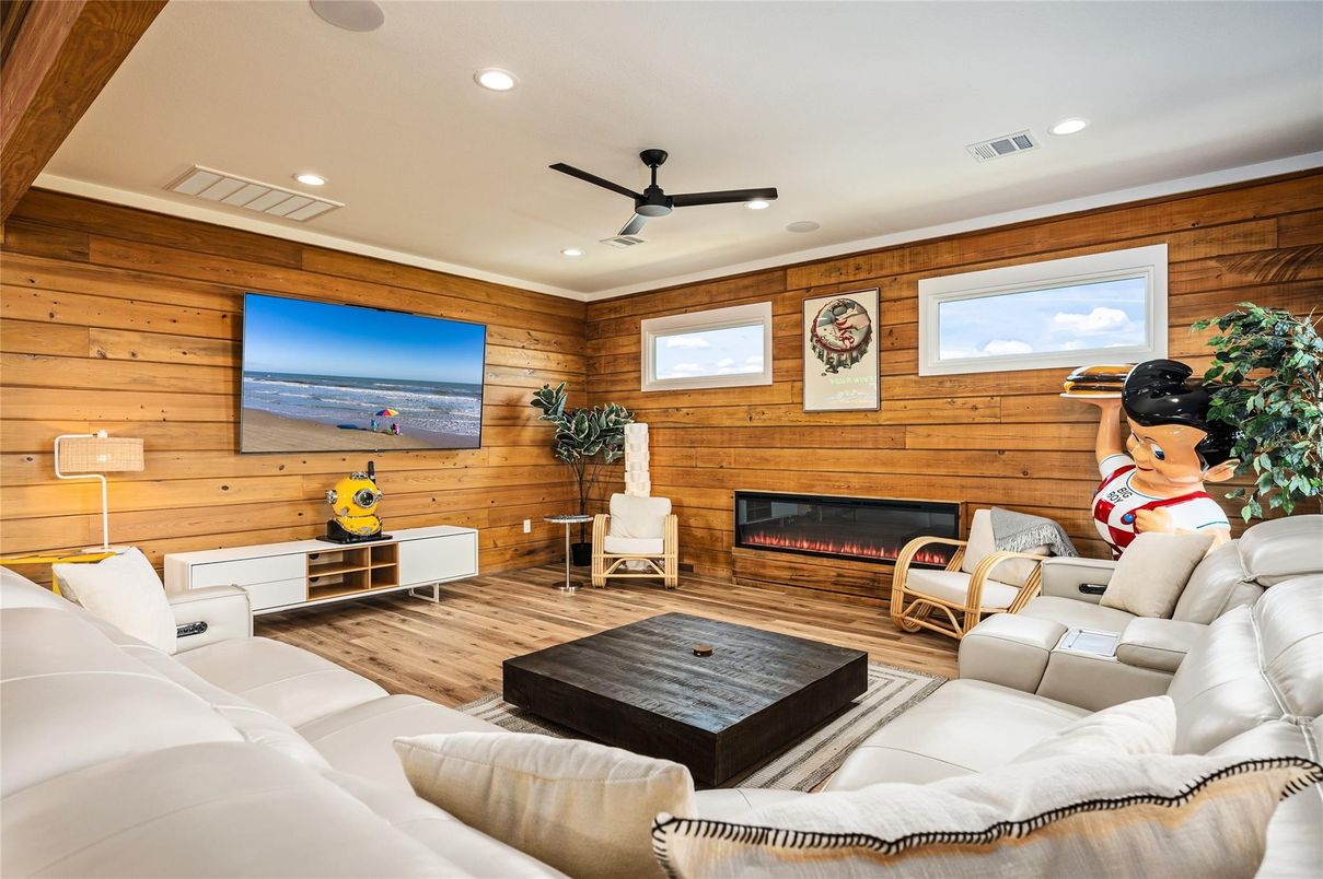 Fireplace, Interior, Living room, Recessed Lighting, Wood Texture Flooring, Wooden Walls
