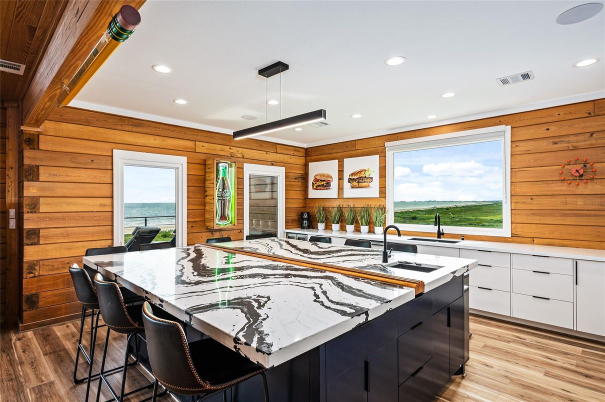 Interior, Kitchen, Pendant Lights, Recessed Lighting, Water, Wood Texture Flooring, Wooden Walls