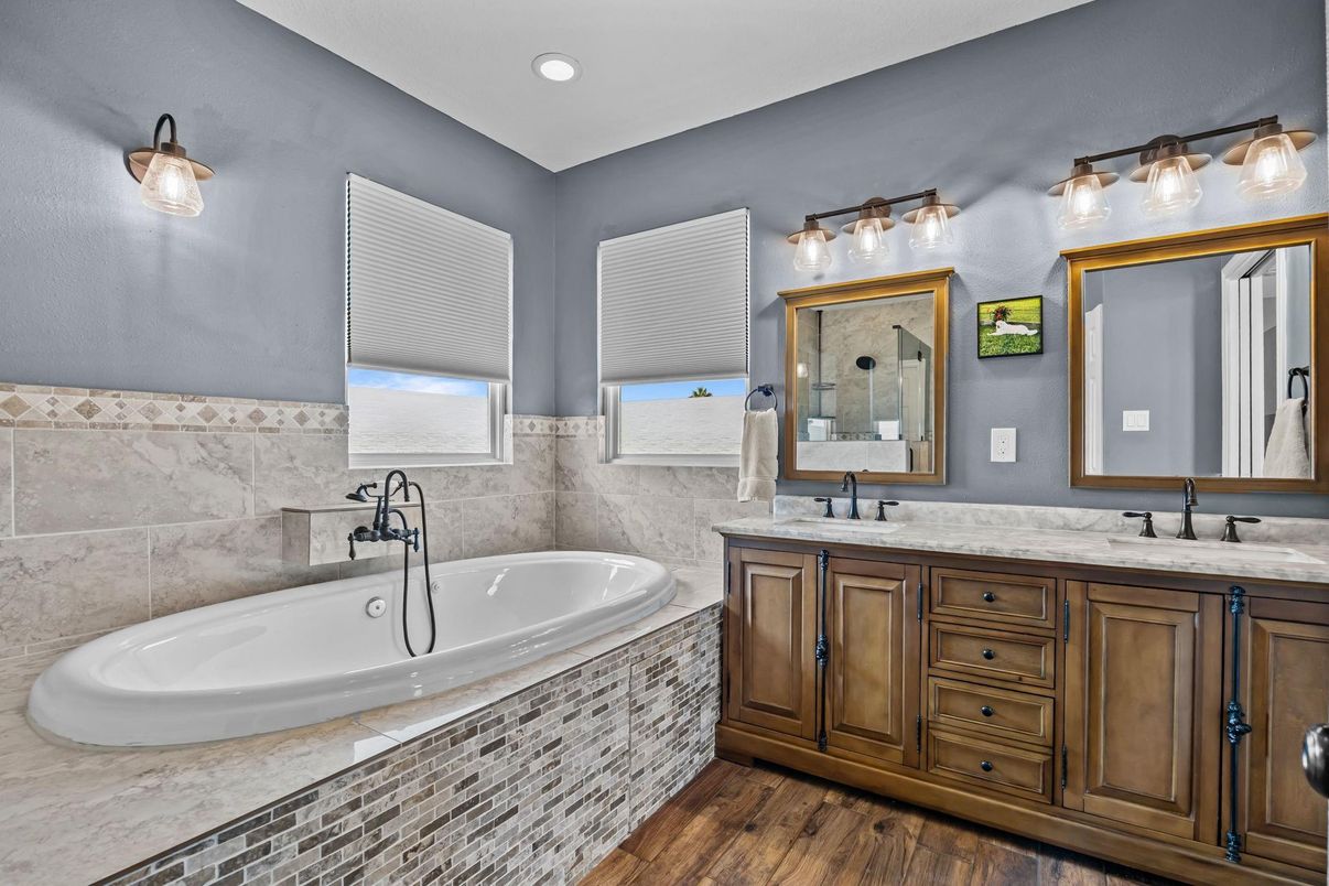 Bathroom, Dual Sink Vanities, Interior, Recessed Lighting, Wood Texture Flooring