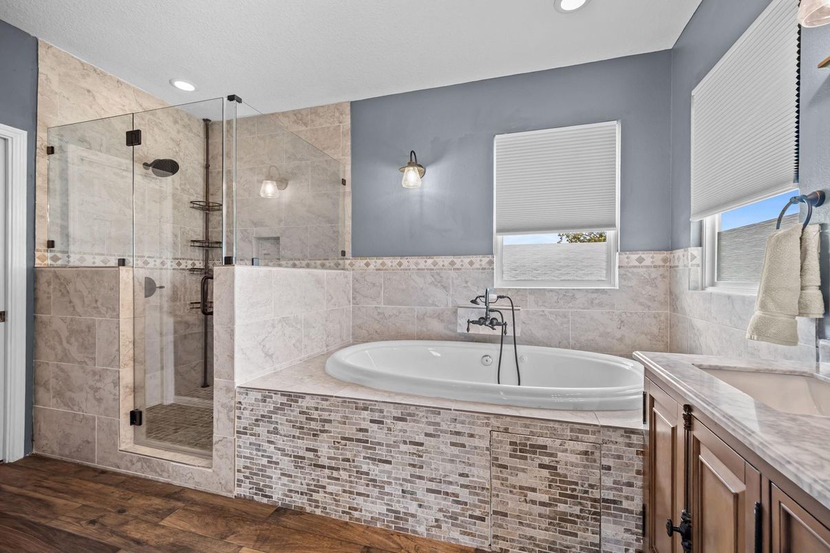 Bathroom, Glass Shower, Interior, Recessed Lighting, Wood Texture Flooring