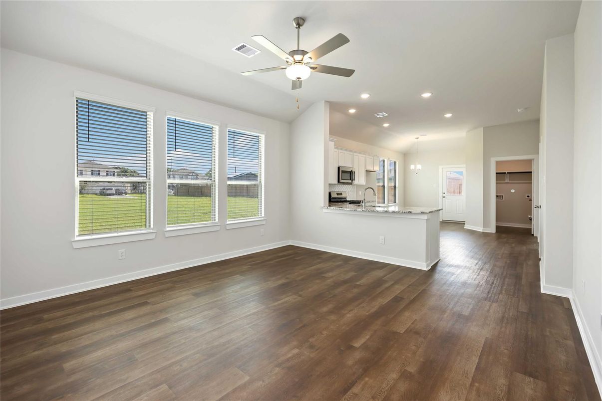 Empty room, Interior, Kitchen, Pendant Lights, Recessed Lighting, Wood Texture Flooring