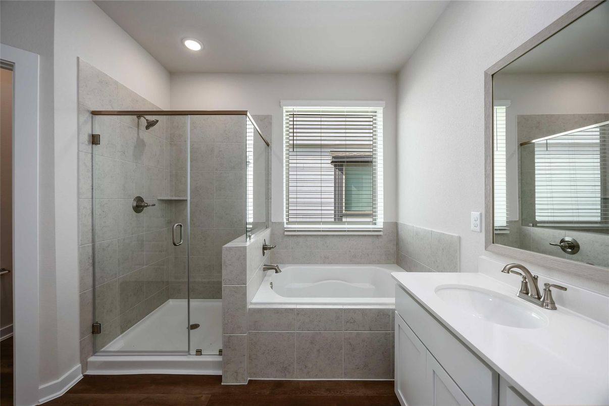 Bathroom, Glass Shower, Interior, Recessed Lighting, Wood Texture Flooring