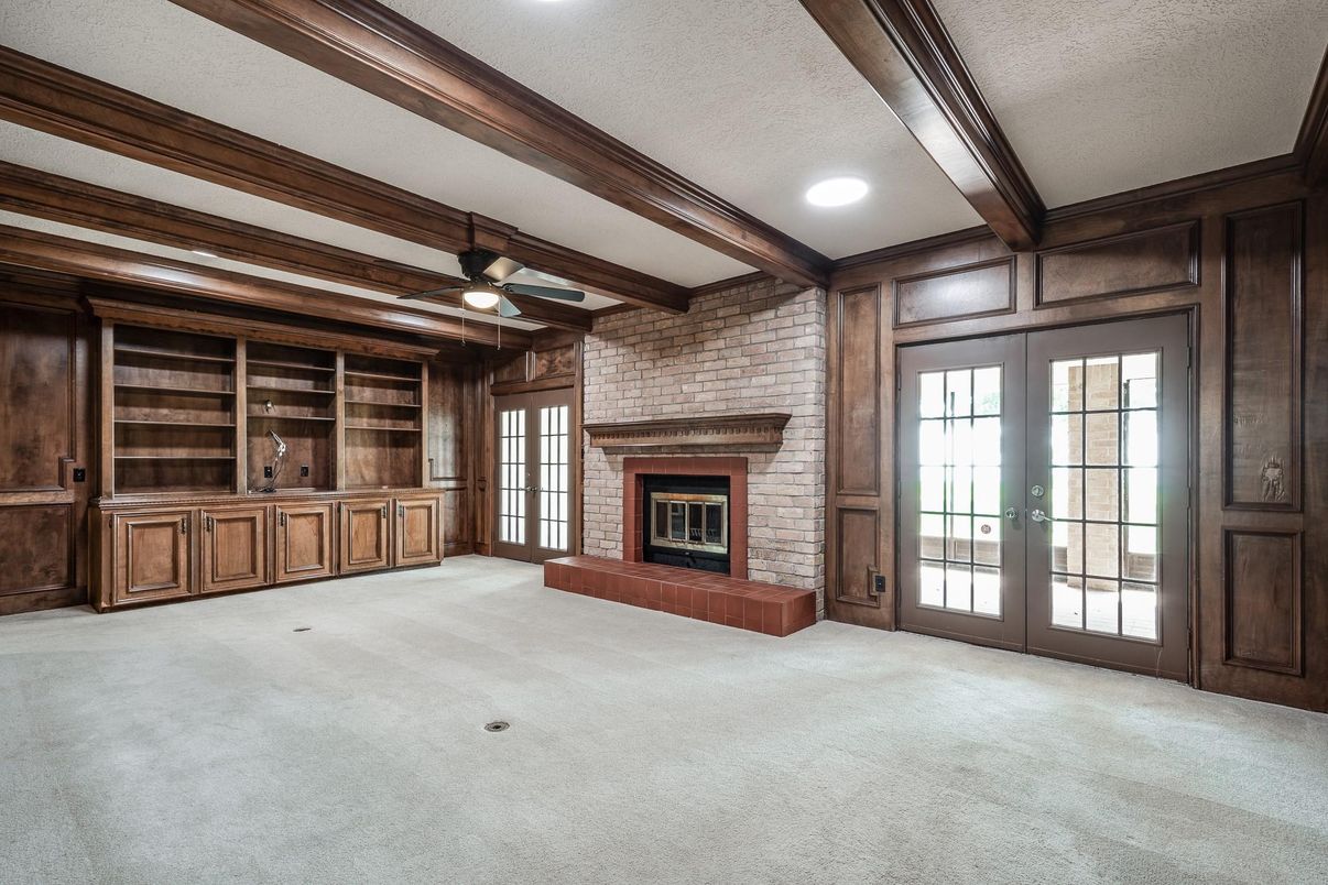 Empty room, Fireplace, Interior, Recessed Lighting, Stone Walls, Wooden Beams, Wooden Walls