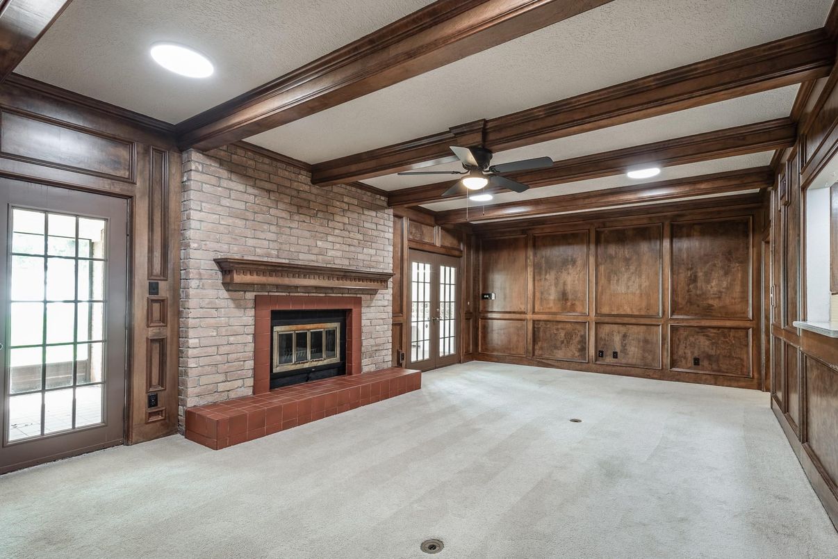 Empty room, Fireplace, Interior, Recessed Lighting, Stone Walls, Wooden Beams, Wooden Walls