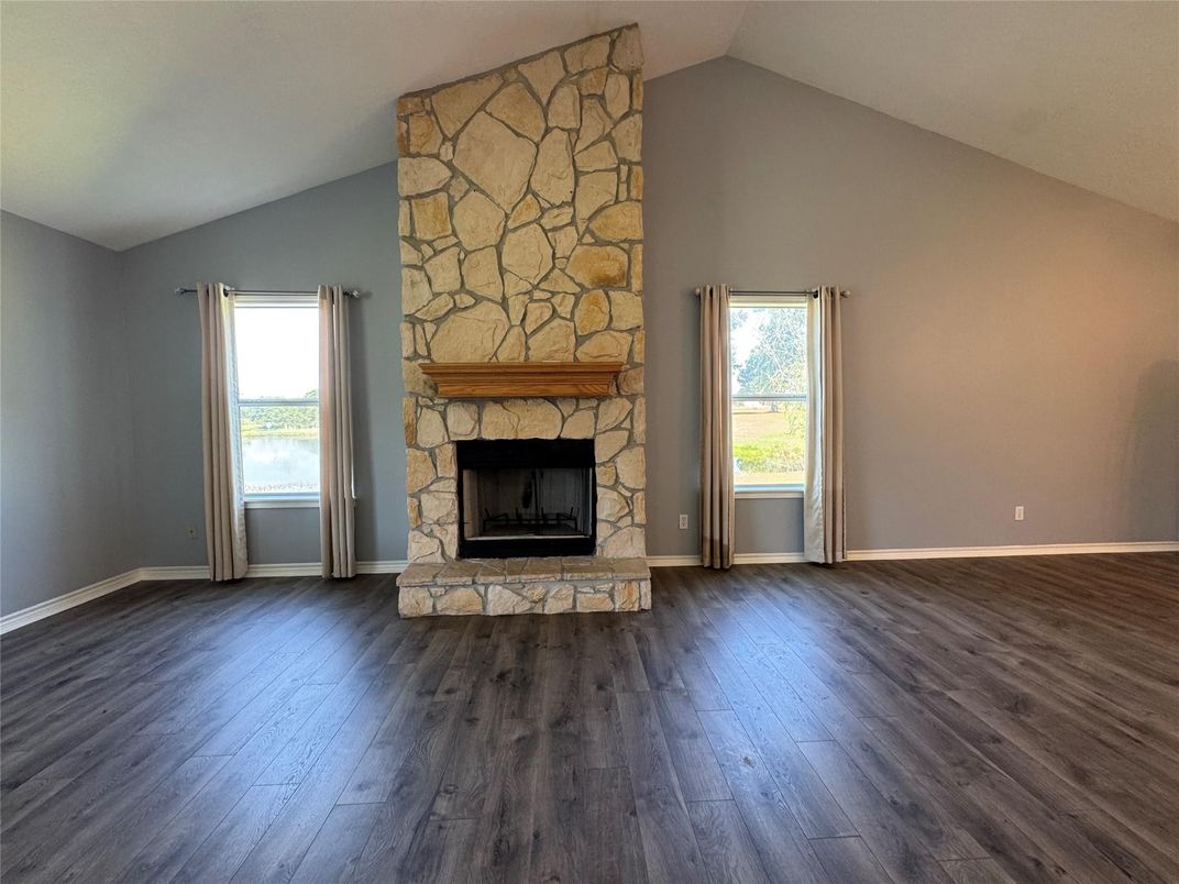 Empty room, Fireplace, Interior, Stone Walls, Wood Texture Flooring