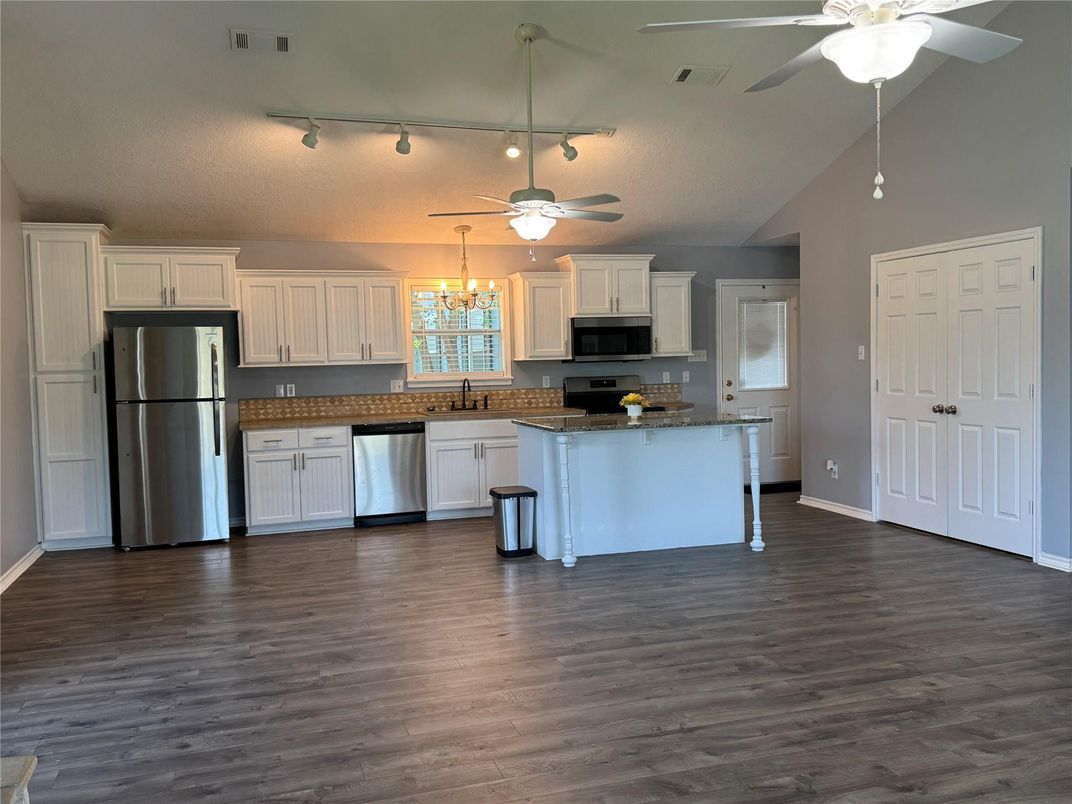 Chandelier, Interior, Kitchen, Stainless Steel Appliances, Wood Texture Flooring