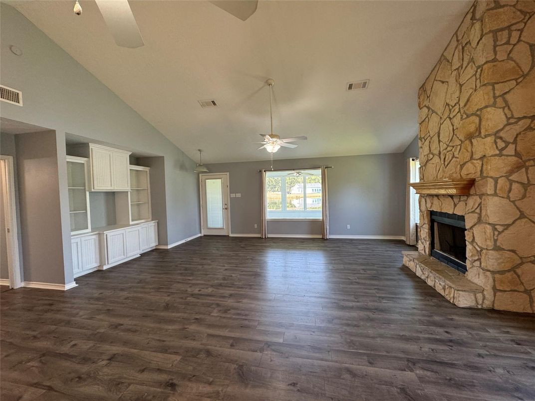 Empty room, Fireplace, Interior, Stone Walls, Wood Texture Flooring