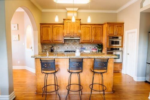 Interior, Kitchen, Pendant Lights, Stainless Steel Appliances, Wood Texture Flooring
