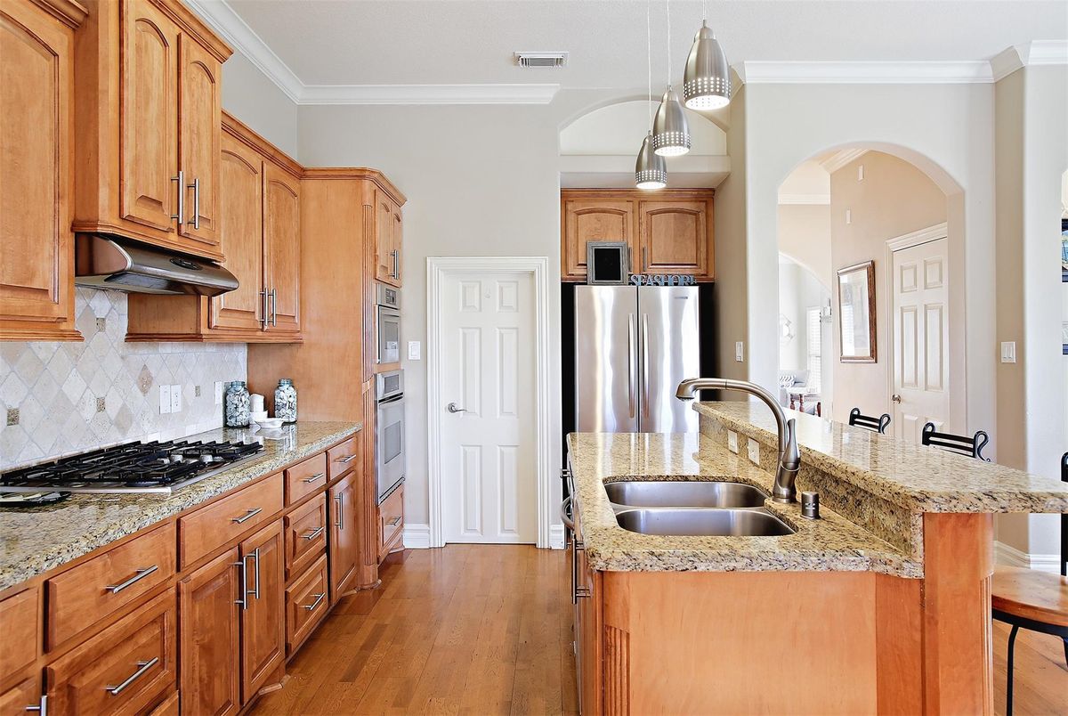 Interior, Kitchen, Pendant Lights, Stainless Steel Appliances, Wood Texture Flooring