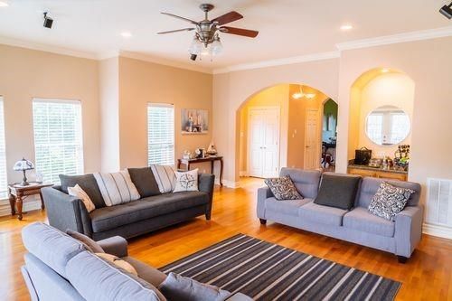 Interior, Living room, Pendant Lights, Recessed Lighting, Wood Texture Flooring