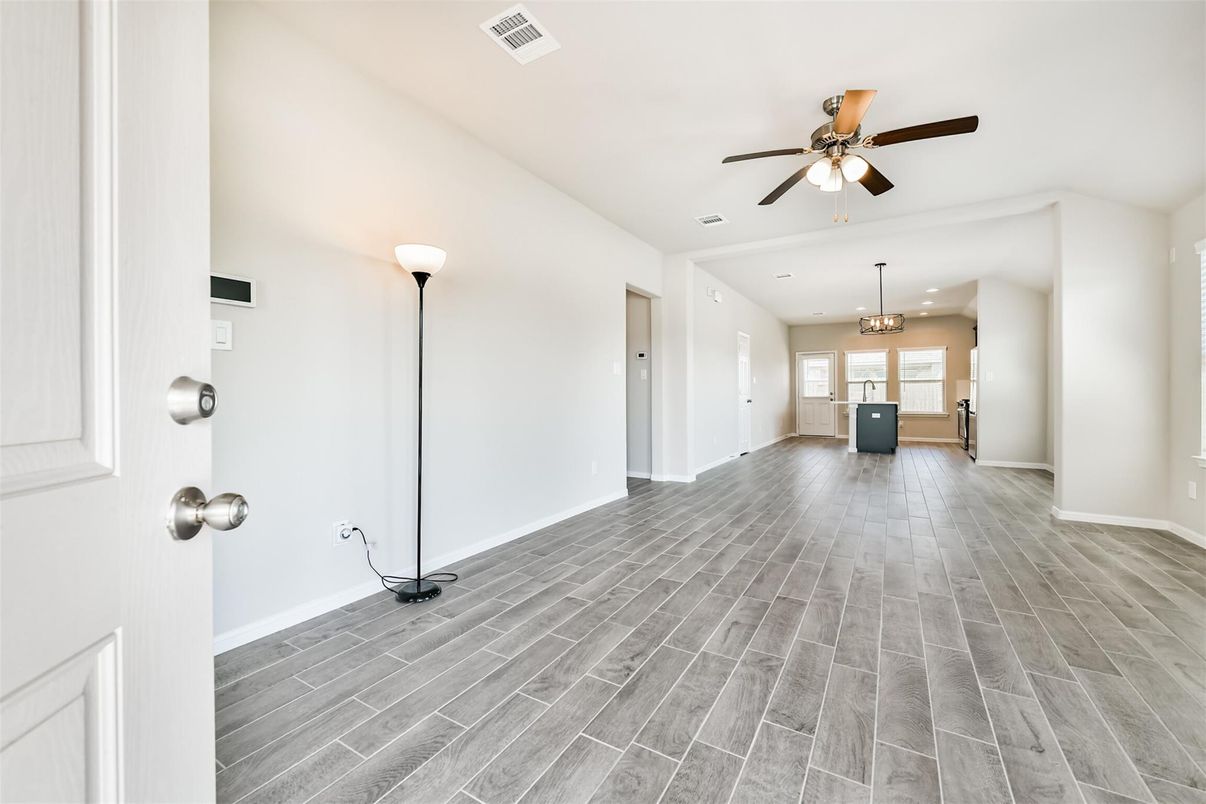 Chandelier, Empty room, Interior, Pendant Lights, Recessed Lighting, Wood Texture Flooring