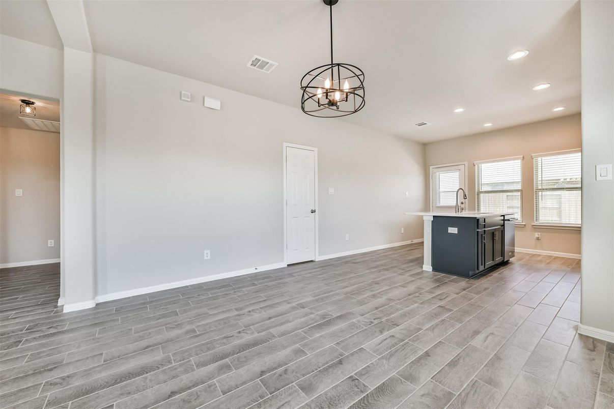 Chandelier, Empty room, Interior, Kitchen, Pendant Lights, Recessed Lighting, Wood Texture Flooring
