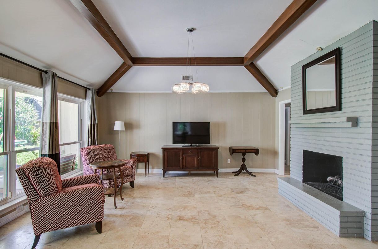 Fireplace, Interior, Living room, Pendant Lights, Wooden Beams
