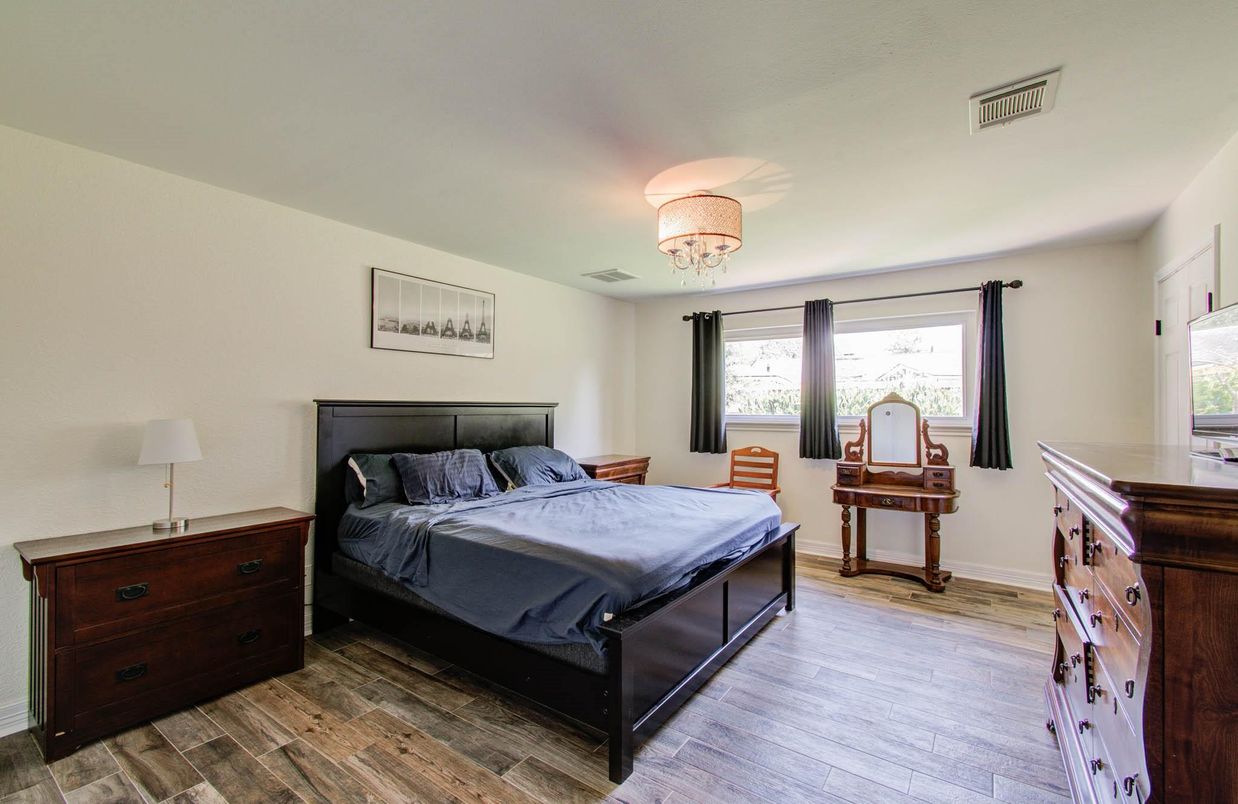 Bedroom, Chandelier, Interior, Wood Texture Flooring