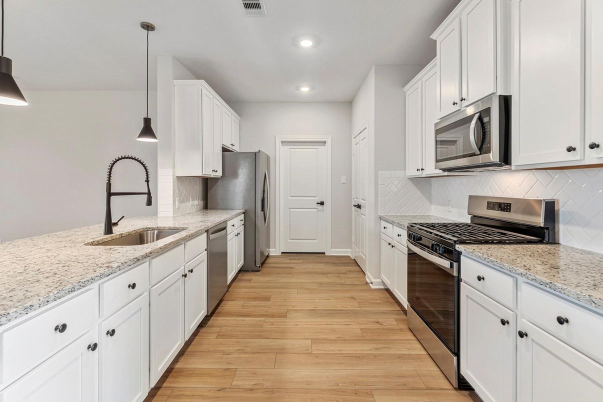 Interior, Kitchen, Pendant Lights, Recessed Lighting, Stainless Steel Appliances, Wood Texture Flooring