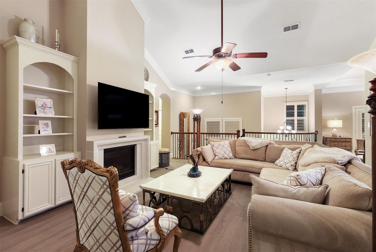Dining room, Fireplace, Interior, Living room, Pendant Lights, Wood Texture Flooring