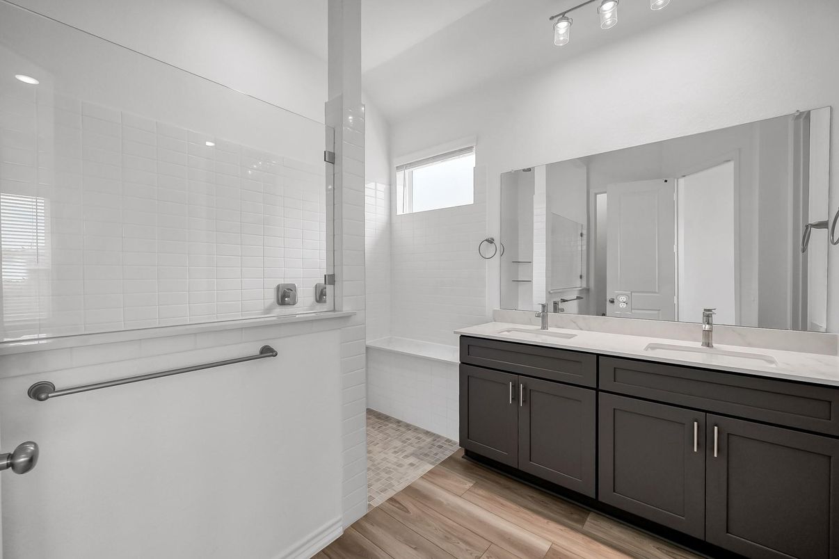 Bathroom, Dual Sink Vanities, Interior, Recessed Lighting, Wood Texture Flooring