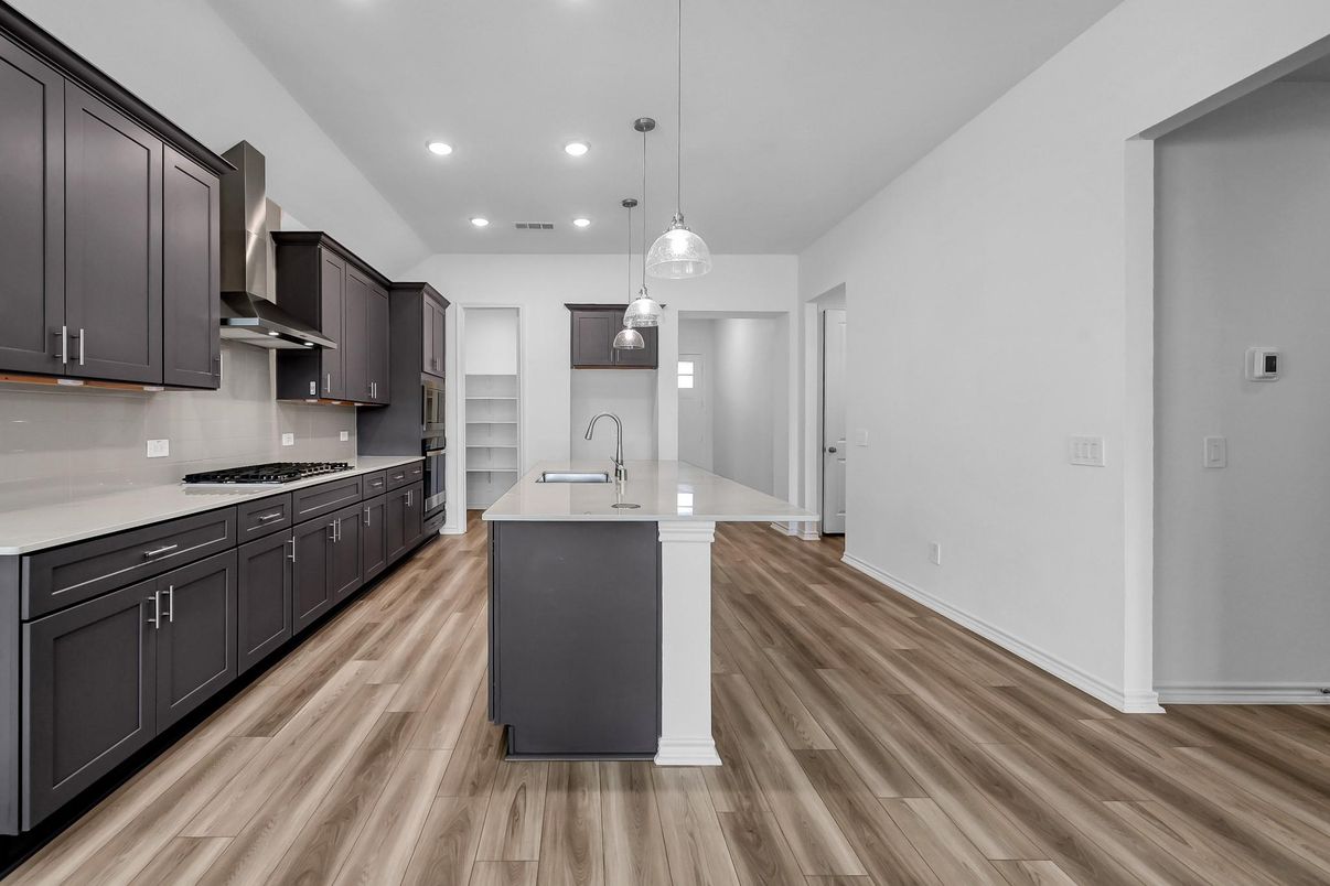 Interior, Kitchen, Pendant Lights, Recessed Lighting, Wood Texture Flooring
