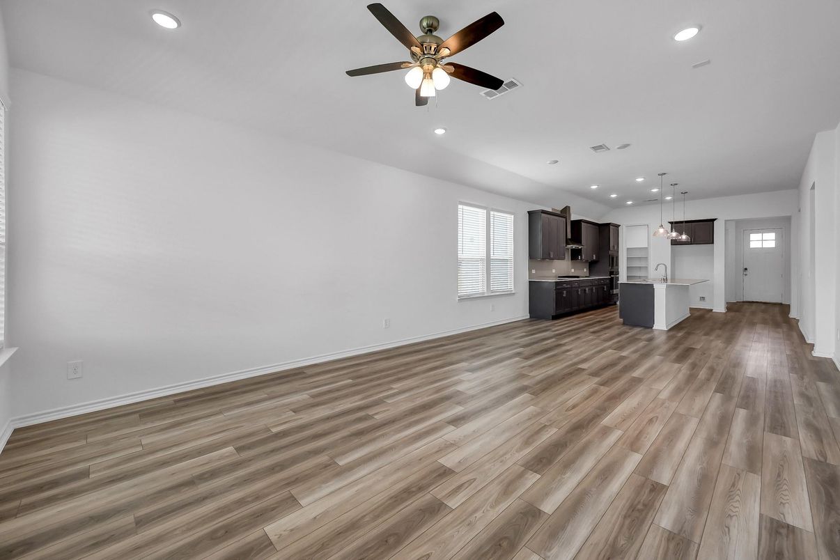 Empty room, Interior, Kitchen, Pendant Lights, Recessed Lighting, Wood Texture Flooring