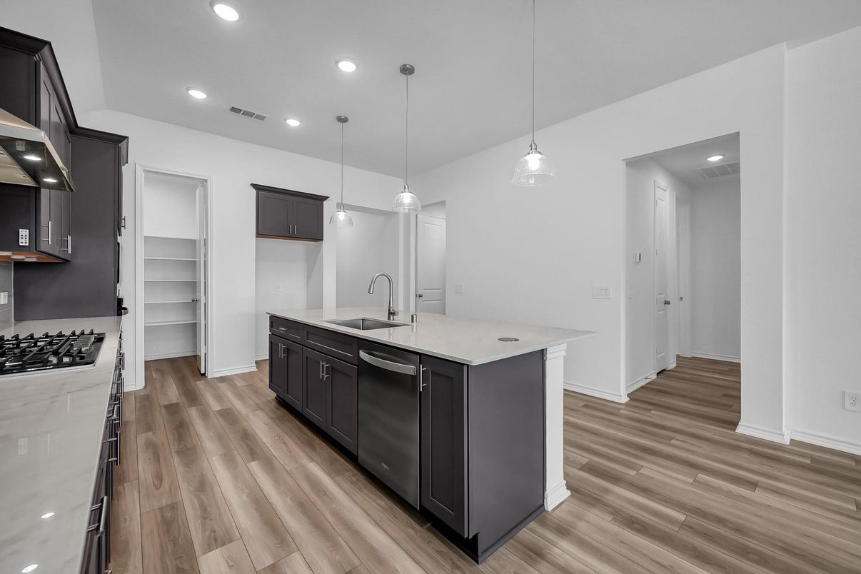 Interior, Kitchen, Pendant Lights, Recessed Lighting, Wood Texture Flooring