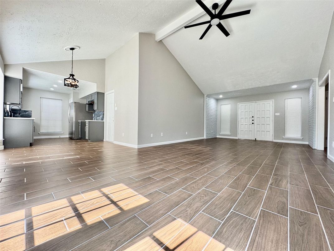 Empty room, Interior, Kitchen, Pendant Lights, Recessed Lighting, Wood Texture Flooring