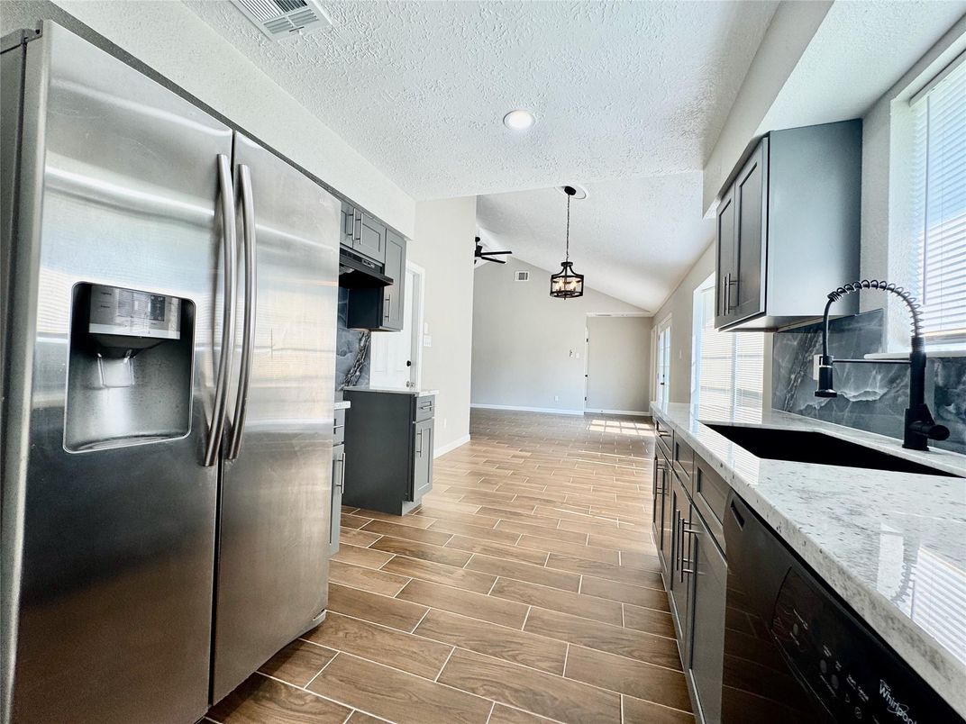 Interior, Kitchen, Pendant Lights, Recessed Lighting, Stainless Steel Appliances, Wood Texture Flooring