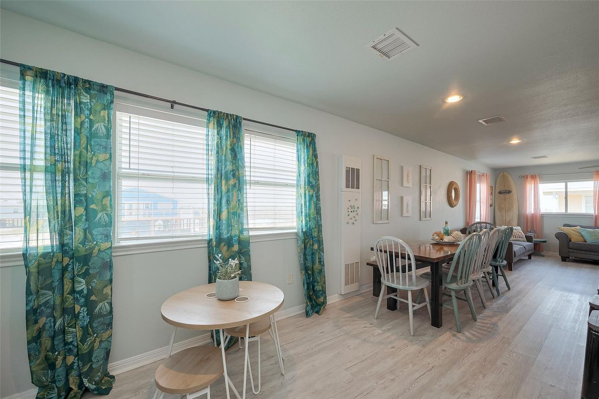 Dining room, Interior, Recessed Lighting, Wood Texture Flooring